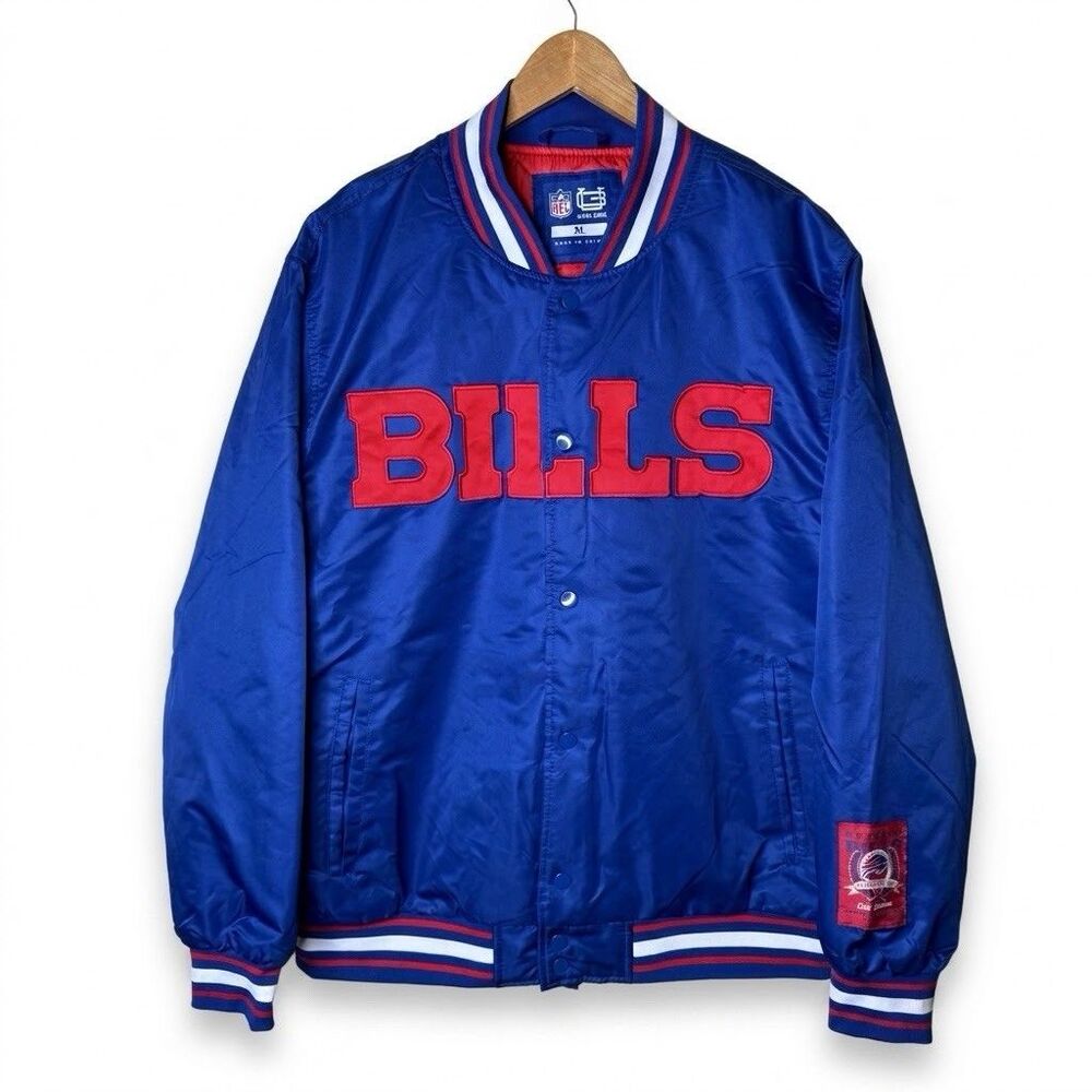 Buffalo Bills Satin Bomber Jacket Mens Large Blue Varsity Retro Snap Front NWT